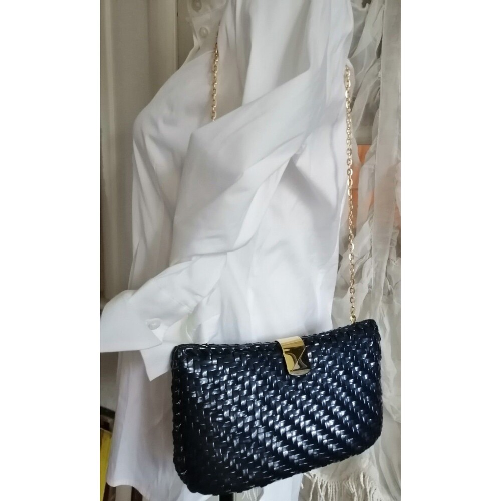 Vintage Blue Woven Clutch Shoulder Bag Gold Chain Made in Hong Kong